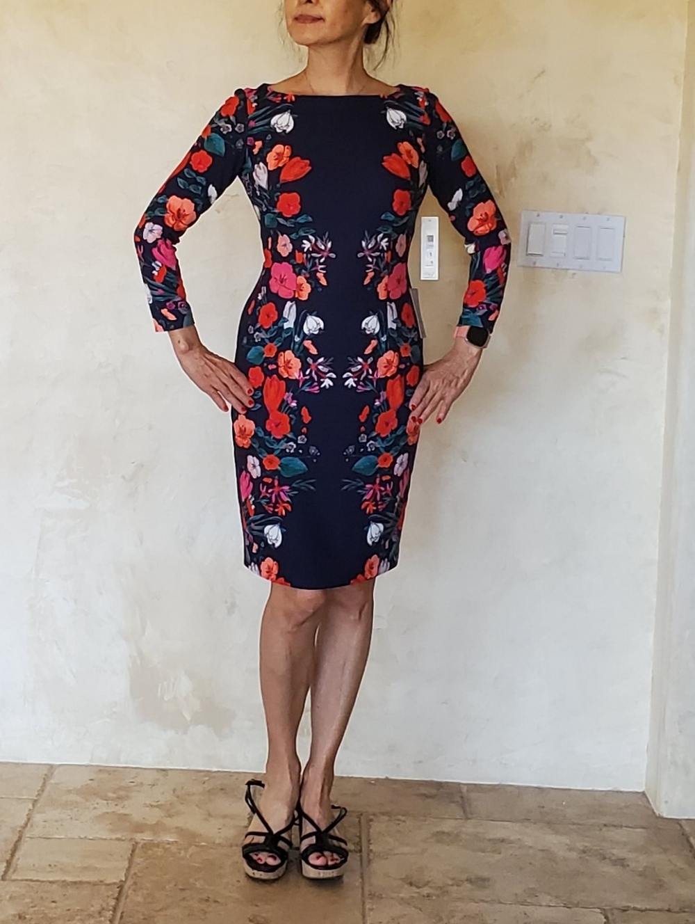 Eliza J Navy Floral Long-Sleeve Sheath Dress